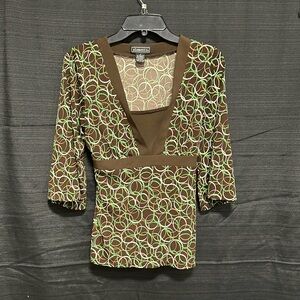 Elementz Brown / Green / Tan circle design tie back top / Size M‎ / G-105